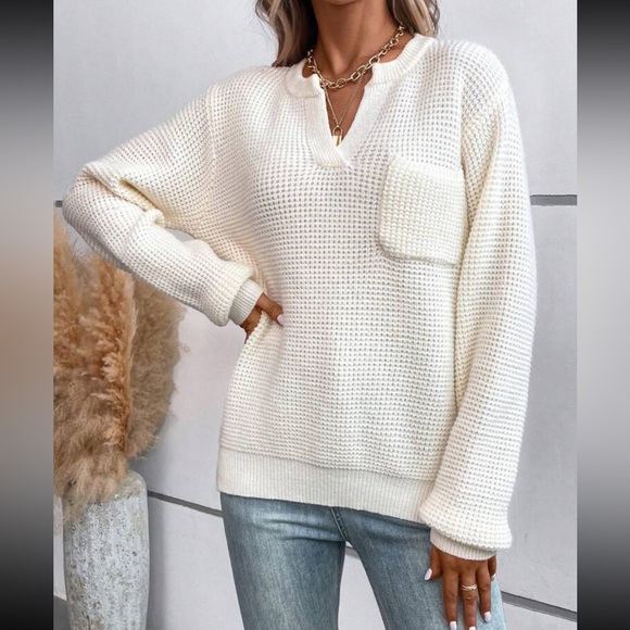 Boho notched neck drop shoulder sweater top - Picture 6 of 6